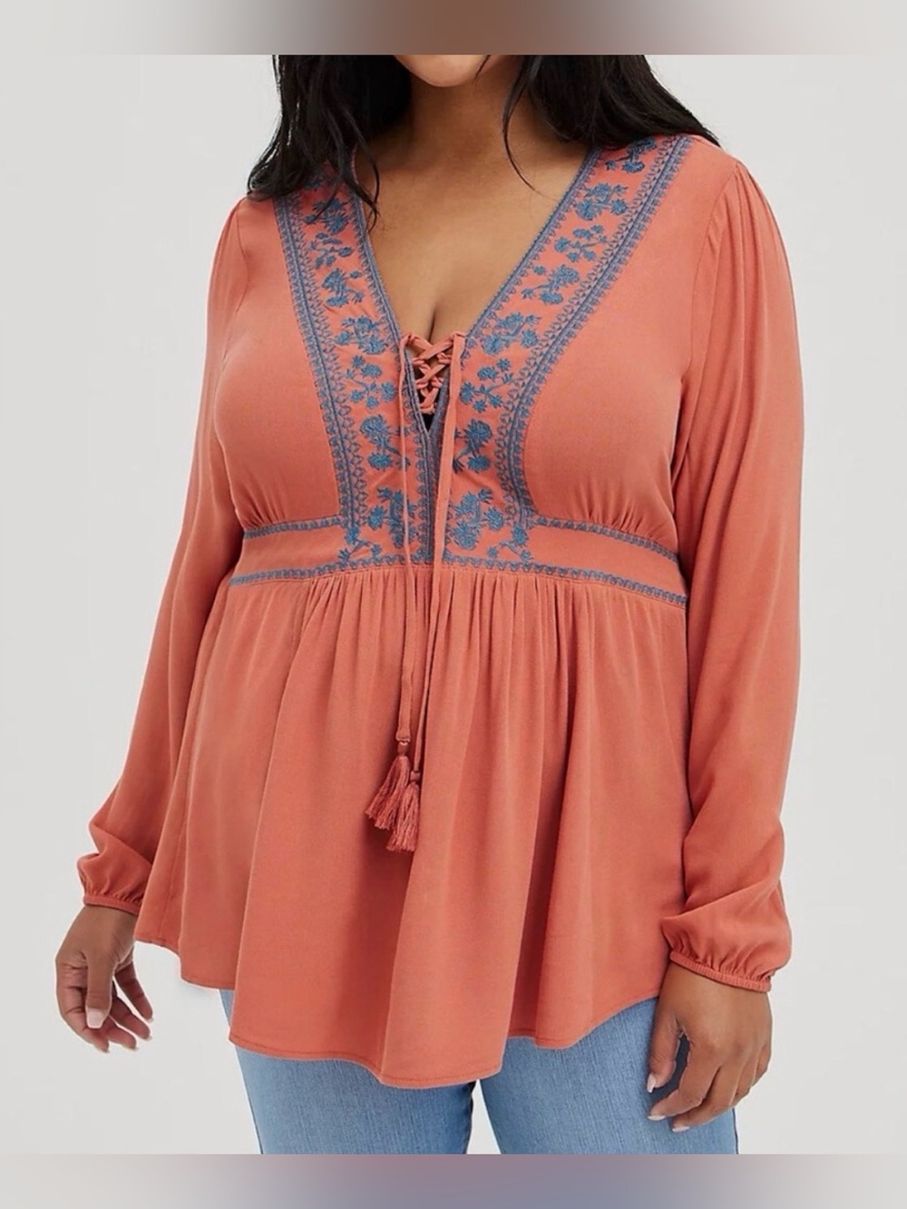 TORRID | Boho Long Sleeve Embroidered Trim V-Neck Top